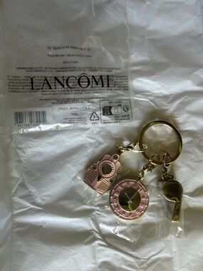 Lancome Pink and Gold Keychain with Camera, Clock and Whistle Charms